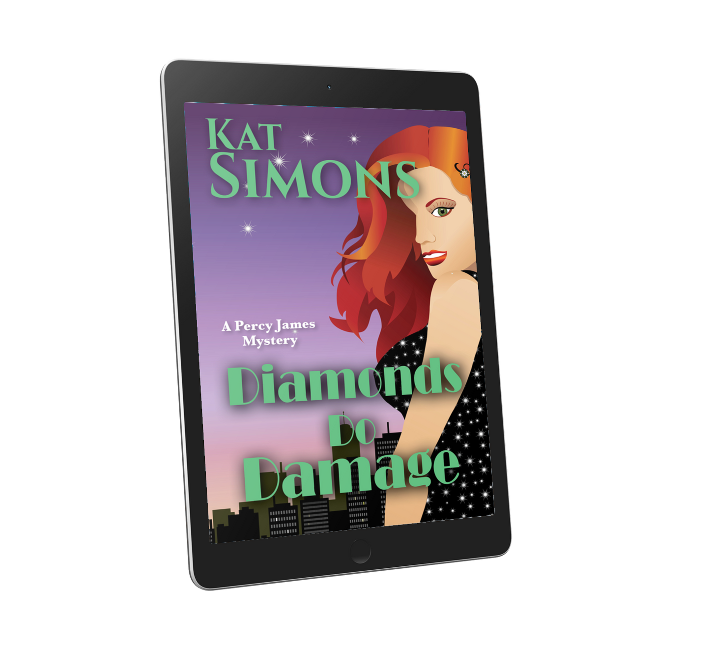 Illustrated cover for Diamonds Do Damage, with a purple sky background, city skyline in the background, red-headed woman with sparkling black dress, looking over her shoulder in the foreground. Title at bottom, author name at top.