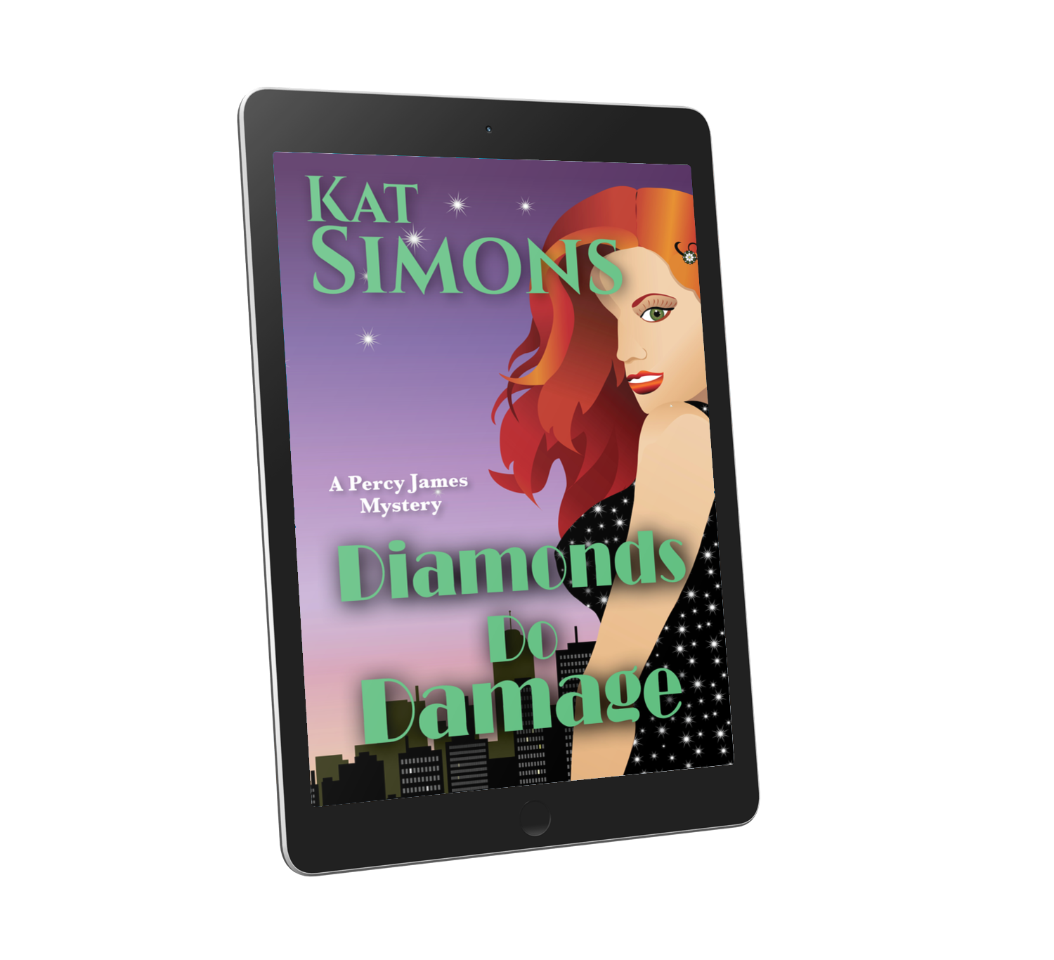 Illustrated cover for Diamonds Do Damage, with a purple sky background, city skyline in the background, red-headed woman with sparkling black dress, looking over her shoulder in the foreground. Title at bottom, author name at top.