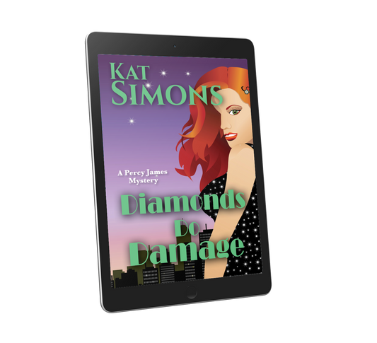 Illustrated cover for Diamonds Do Damage, with a purple sky background, city skyline in the background, red-headed woman with sparkling black dress, looking over her shoulder in the foreground. Title at bottom, author name at top.