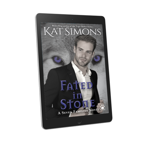 Cover art for Fated in Stone, gray scale wolf in background with blue eyes, handsome blond man in foreground, title on bottom in blue, author name at top in white