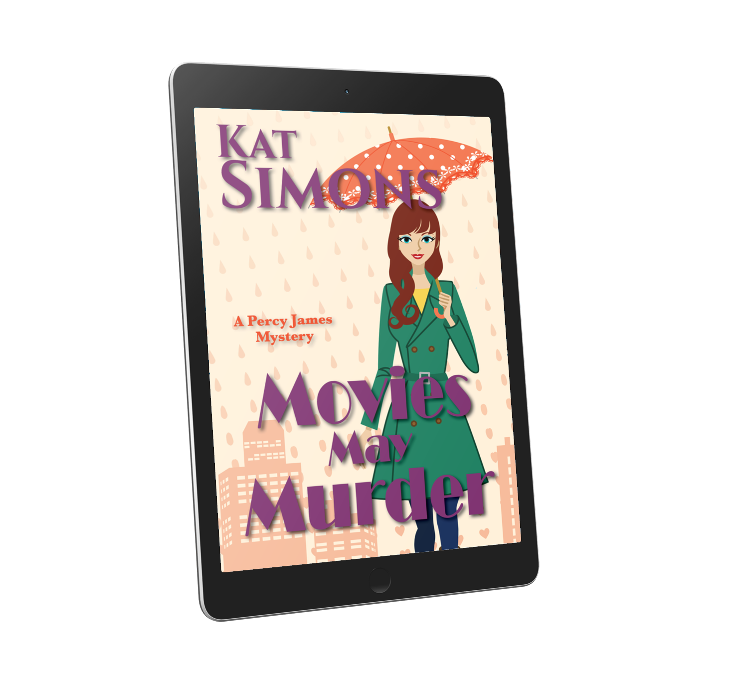 Illustrated cover with pink background of city and rain, a woman in a green coat with brown hair in the foreground, the title in purple at the bottom of the page and author name at the top