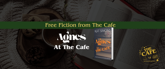 background coffee and open book, foreground centered a banner that says Free Fiction from The Cafe, under Agnes at the Cafe and a 3d cover for Agnes at the Cafe