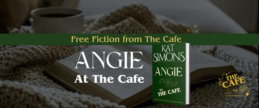 background coffee and open book, foreground centered a banner that says Free Fiction from The Cafe, under Angie at the Cafe and a 3d cover for Angie at the Café