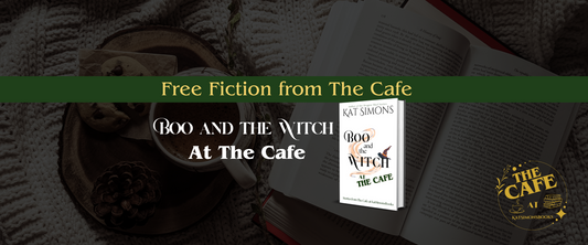 background coffee and open book, foreground centered a banner that says Free Fiction from The Cafe, under Boo and the Witch at the Cafe and a 3d cover for Boo and the Witchat the Cafe