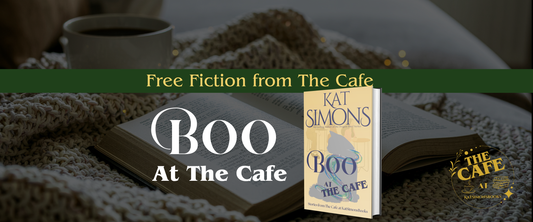 background coffee and open book, foreground centered a banner that says Free Fiction from The Cafe, under Boo at the Cafe and a 3d cover for Boo at the Café