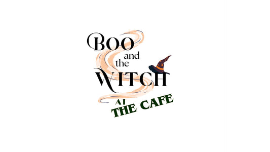 Title Boo and the Witch at the Cafe with a swoosh of pink and gold magic behind the title and a witch's cartoon hat sitting on the H in Witch.