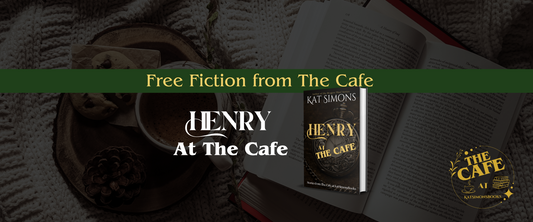 background coffee and open book, foreground centered a banner that says Free Fiction from The Cafe, under Henry at the Cafe and a 3d cover for Henry at the Cafe