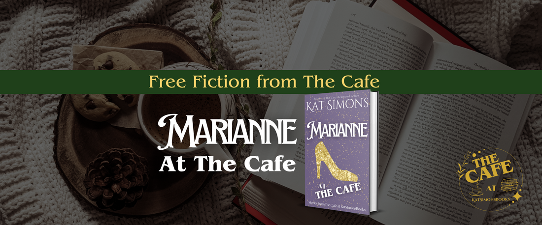 background coffee and open book, foreground centered a banner that says Free Fiction from The Cafe, under Marianne at the Cafe and a 3d cover for Marianne at the Café