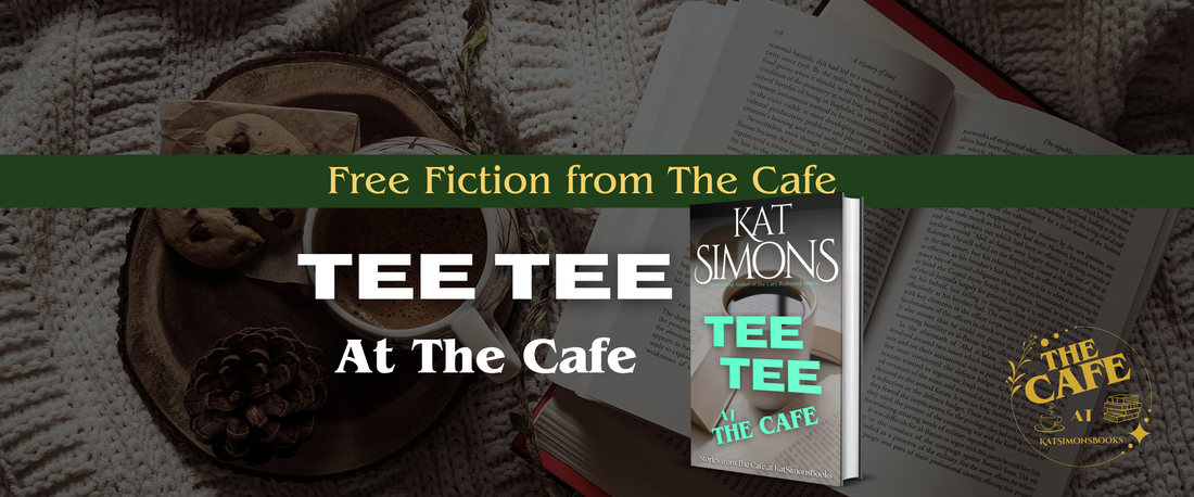 background coffee and open book, foreground centered a banner that says Free Fiction from The Cafe, under TeeTee at the Cafe and a 3d cover for TeeTee at the Café