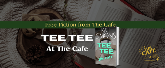 background coffee and open book, foreground centered a banner that says Free Fiction from The Cafe, under TeeTee at the Cafe and a 3d cover for TeeTee at the Café