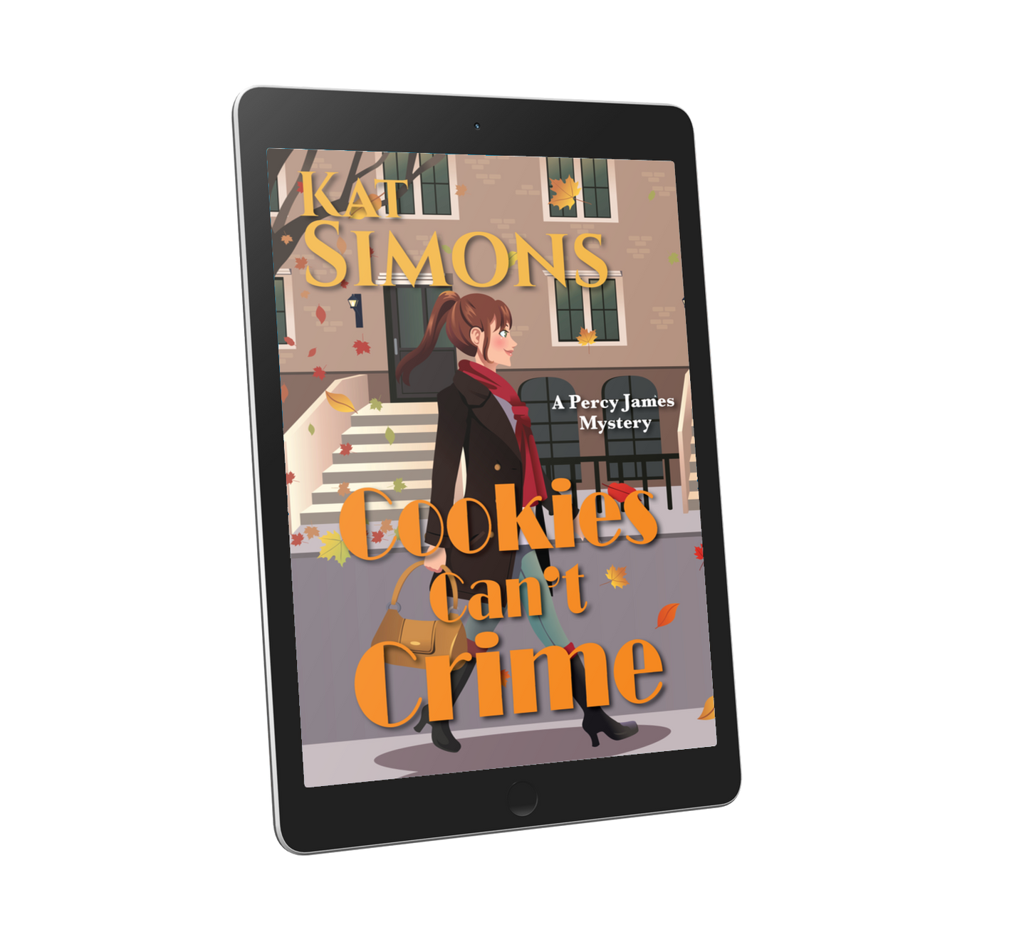 illustrated cover for Cookies Can't Crime, with image of young woman walking along city street, in autumn colors, title at bottom, author name at top