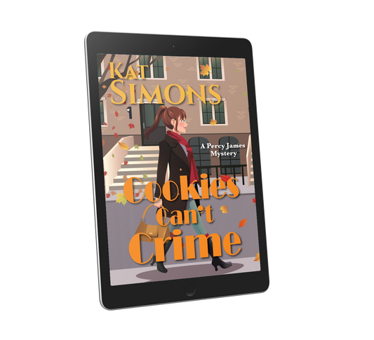illustrated cover for Cookies Can't Crime, with image of young woman walking along city street, in autumn colors, title at bottom, author name at top