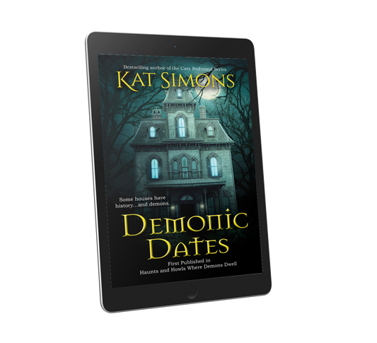 Demonic Dates cover, dark blue, spooky house in background, title on bottom, author name on top