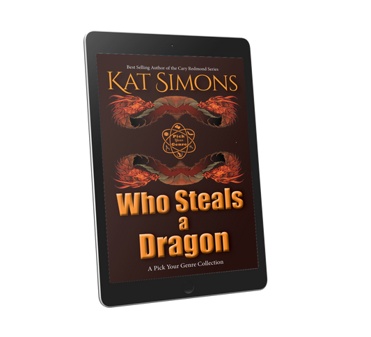 cover art for Who Steals a Dragon with a dark background, large title in orange at bottom, author name in orange at top, and two abstract, two headed dragon images in the middle; also includes the Pick Your Genre Logo in orange