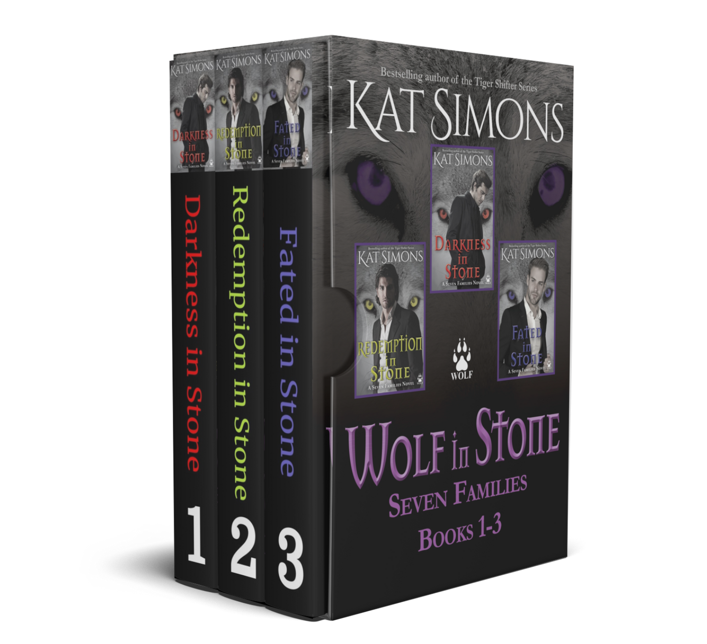 3D Box Set image for 3 books--this is eBooks only, with front cover of Wolf in Stone on front of "box" and title of three included books to the left on "spines". WOLF IN STONE title in purple at bottom of front of box, three images of front cover for books in middle of cover, Author name and title at top. Image of a wolf with purple eyes in the background. Wolf paw print in center of cover.